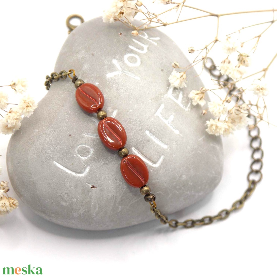 Antik bronz karkötő réz középvonalú, barna színű kávészemekkel � Americano - ékszer - karkötő - gyöngyös karkötő - Meska.hu