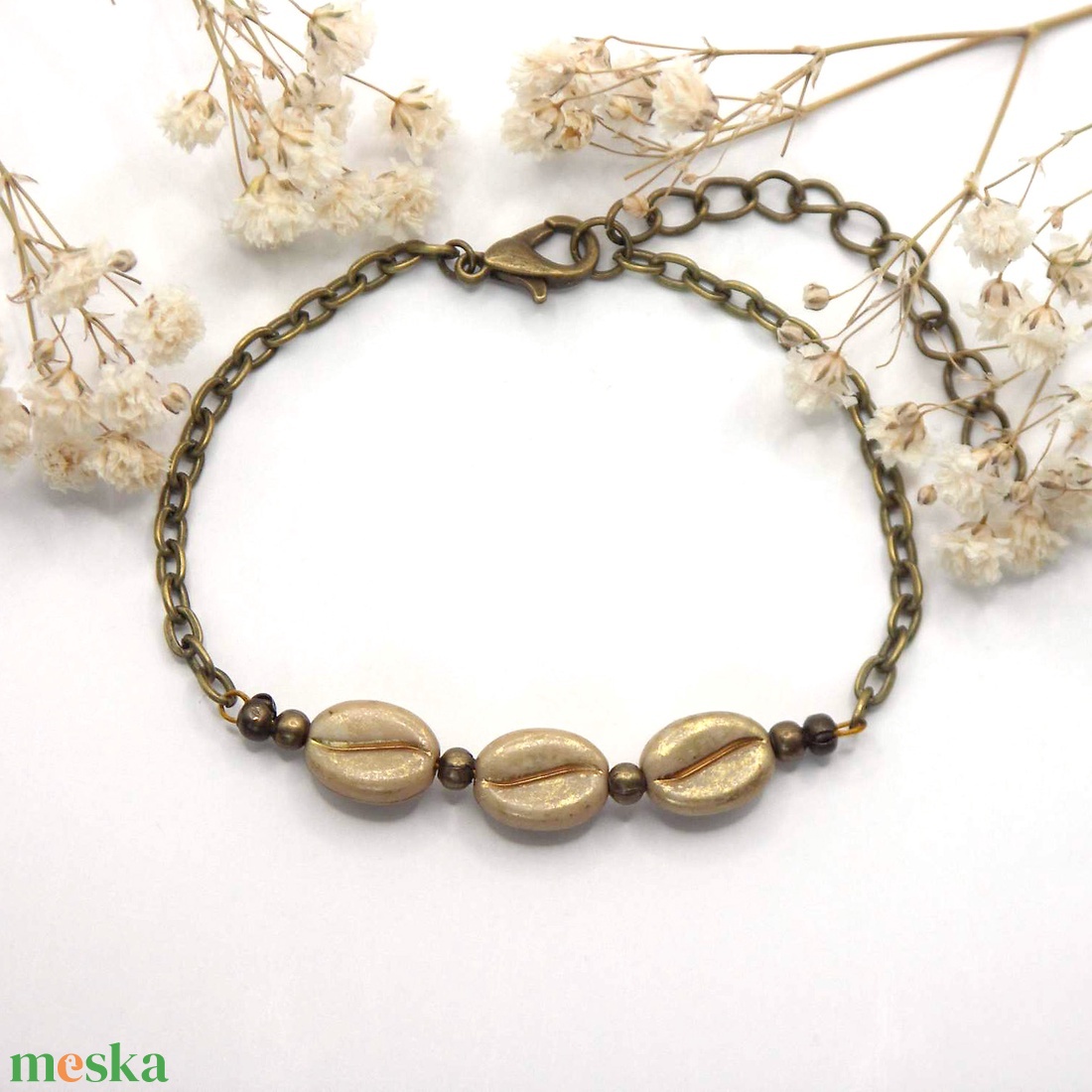 Antik bronz karkötő bézs színű kávészemekkel � Latte - ékszer - karkötő - gyöngyös karkötő - Meska.hu