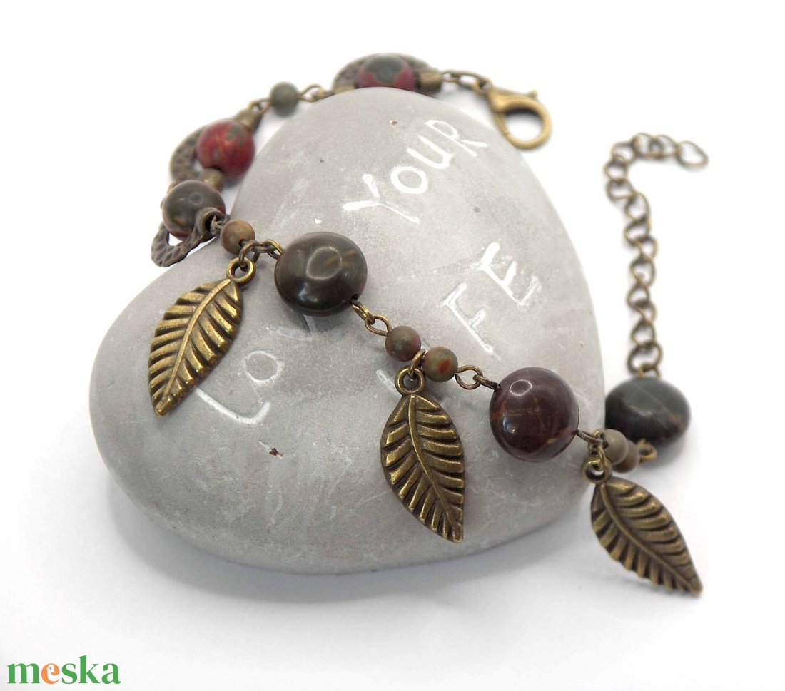 Antik bronz karkötő korong és golyó alakú, picasso jáspis ásványgyöngyökkel � Earthline - ékszer - karkötő - ásványkarkötő - Meska.hu