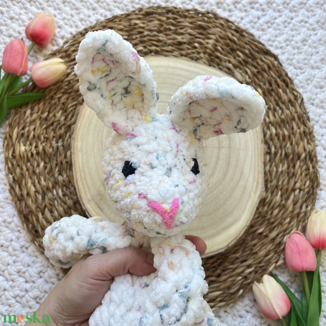 Horgolt plüss nyuszi alvóka - baba - mama - baba játékok - szundikendő, alvóka - Meska.hu