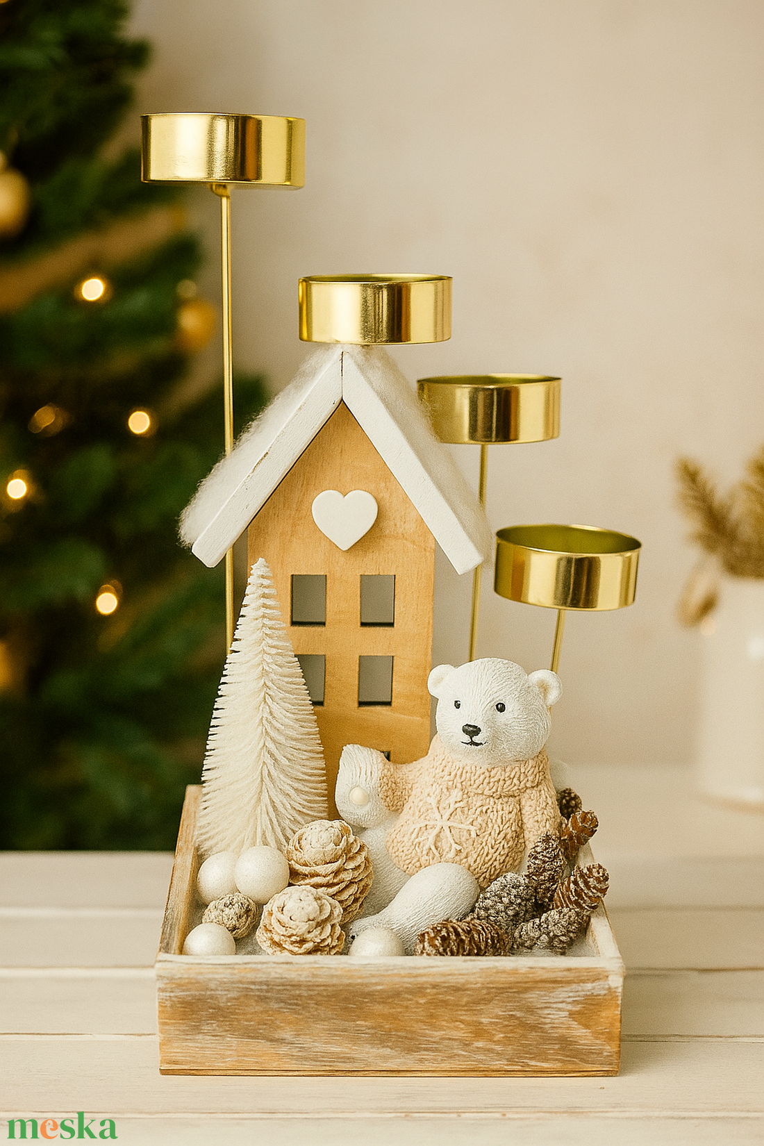 Adventi vendégváró asztaldísz, macival, termésekkel, mécsesekkel - karácsony - adventi díszek - adventi gyertyadíszek és koszorúdíszek - Meska.hu