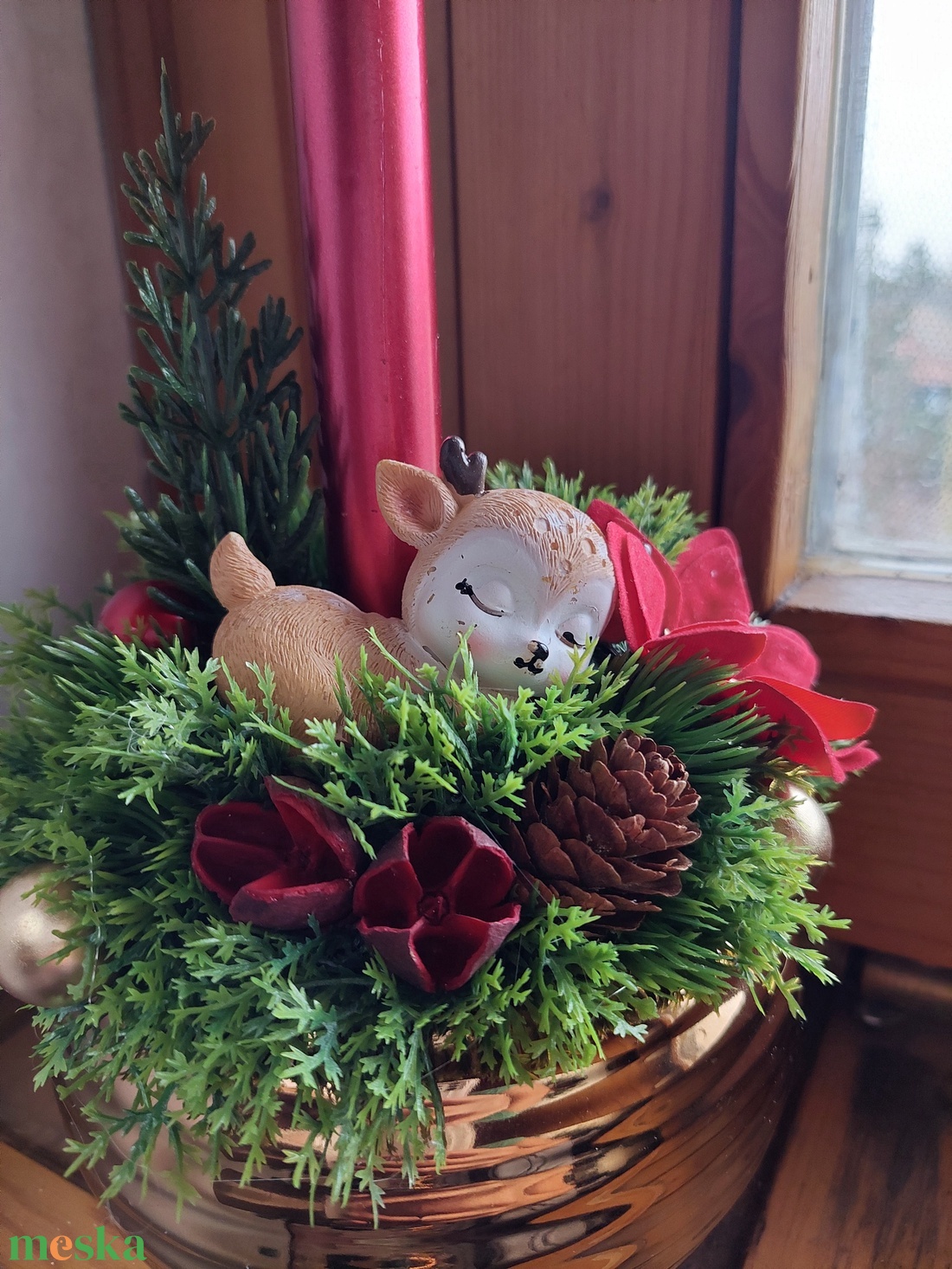 Adventi vendégváró asztaldísz alvó őzikével, gyertyával - karácsony - adventi díszek - adventi gyertyadíszek és koszorúdíszek - Meska.hu