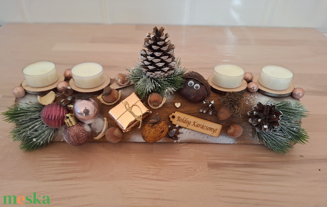 Adventi farönk asztaldísz,  illatmentes mécsesekkel  - karácsony - adventi díszek - adventi koszorú - Meska.hu