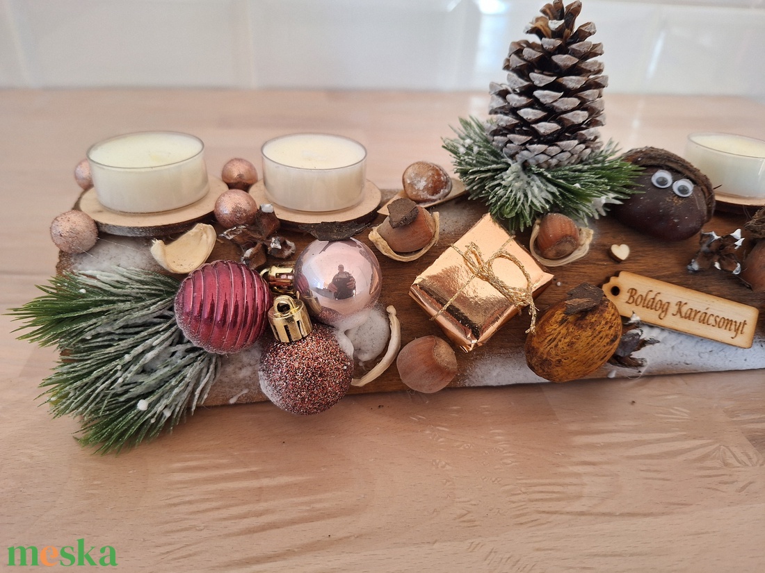 Adventi farönk asztaldísz,  illatmentes mécsesekkel  - karácsony - adventi díszek - adventi koszorú - Meska.hu