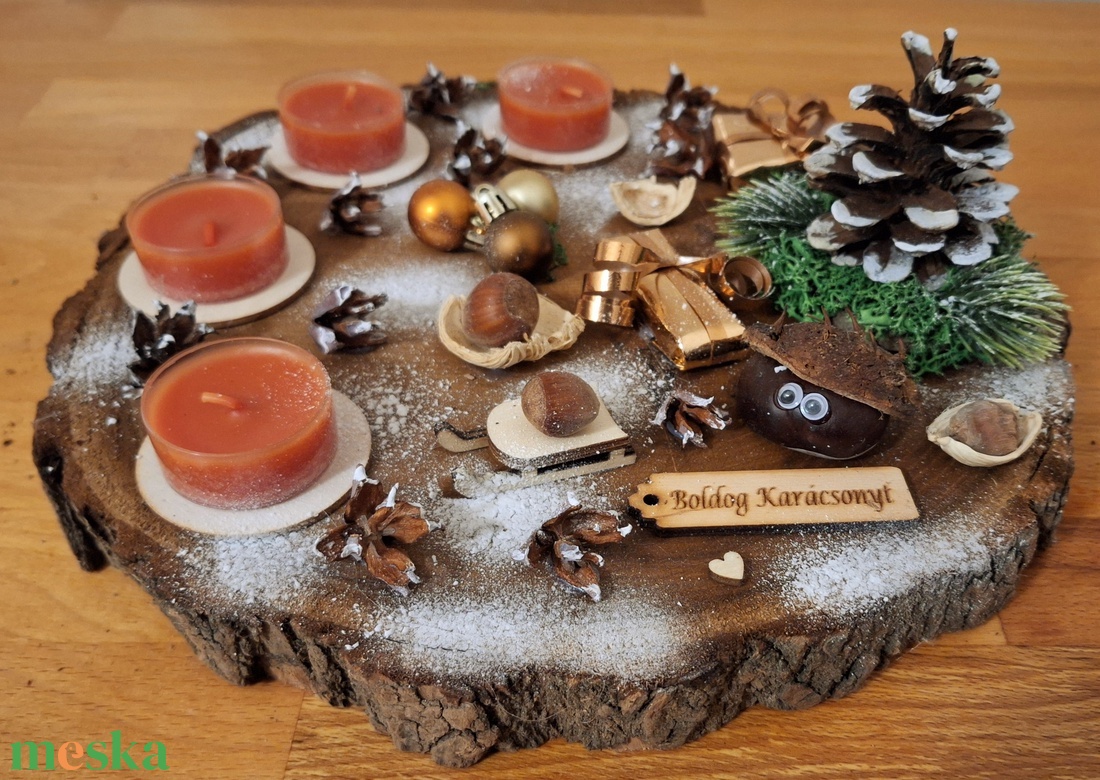 Adventi koszorú,  természetes adventi koszorú, lazúrozott fa alapon  - karácsony - adventi díszek - adventi koszorú - Meska.hu