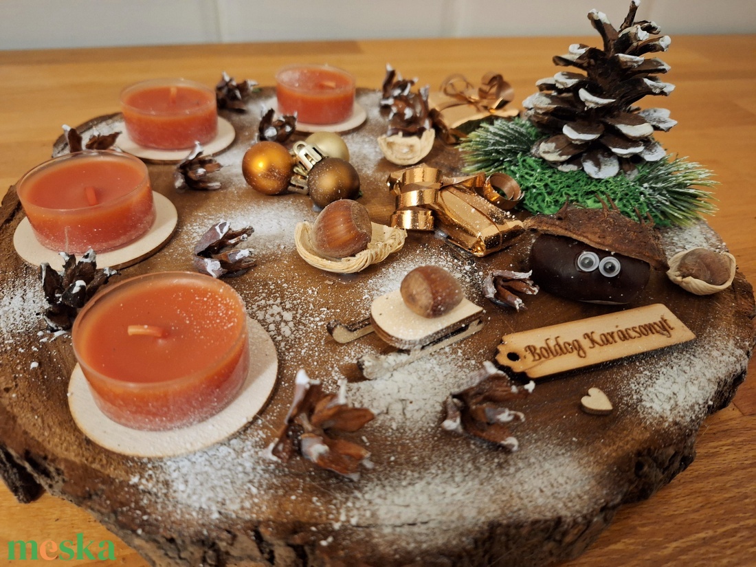 Adventi koszorú,  természetes adventi koszorú, lazúrozott fa alapon  - karácsony - adventi díszek - adventi koszorú - Meska.hu