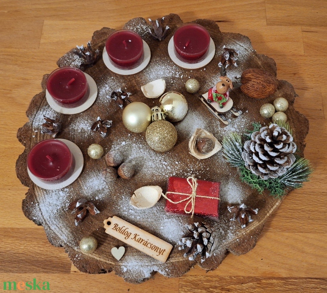 Adventi koszorú, pirított mandula illatú mécsesekkel,  rénszarvassal  - karácsony - adventi díszek - adventi koszorú - Meska.hu
