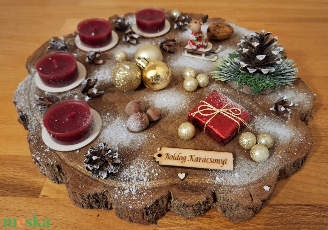 Adventi koszorú, pirított mandula illatú mécsesekkel, rénszarvassal  - karácsony - adventi díszek - adventi koszorú - Meska.hu