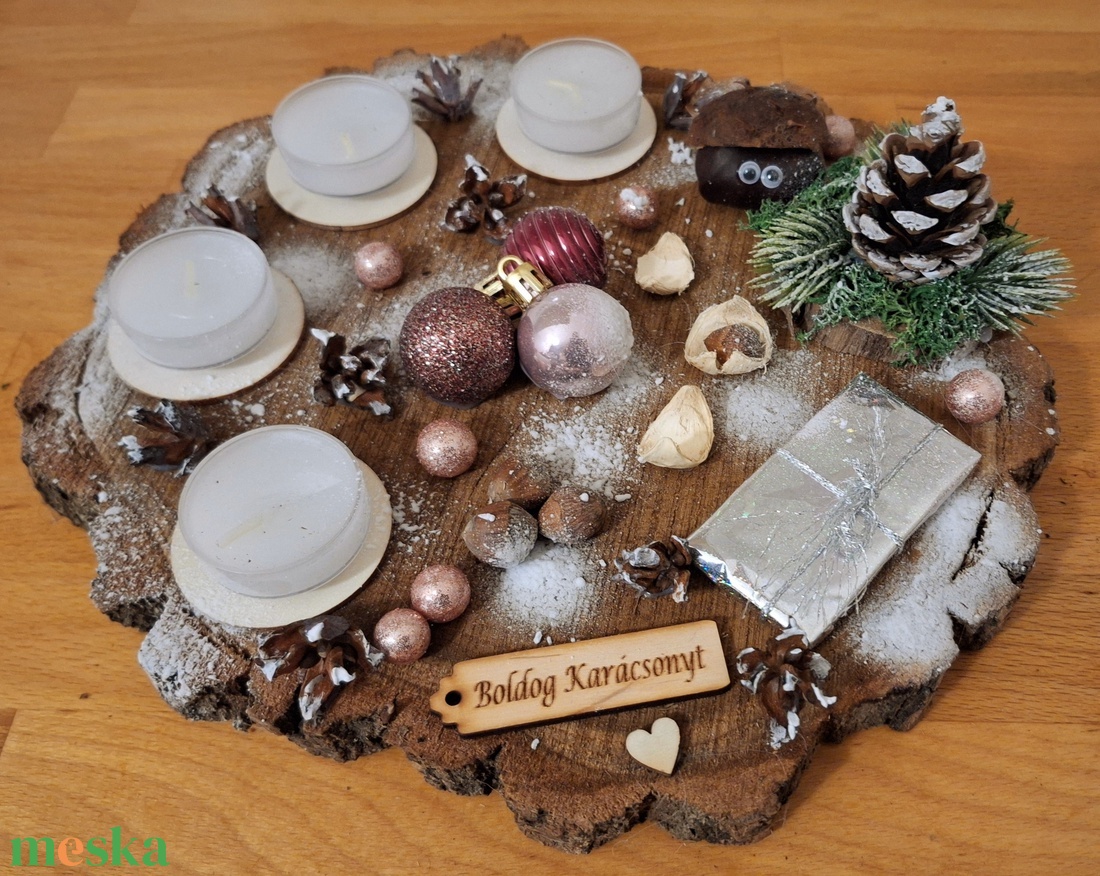 Adventi koszorú,  természetes,  fa alapon - karácsony - adventi díszek - adventi koszorú - Meska.hu