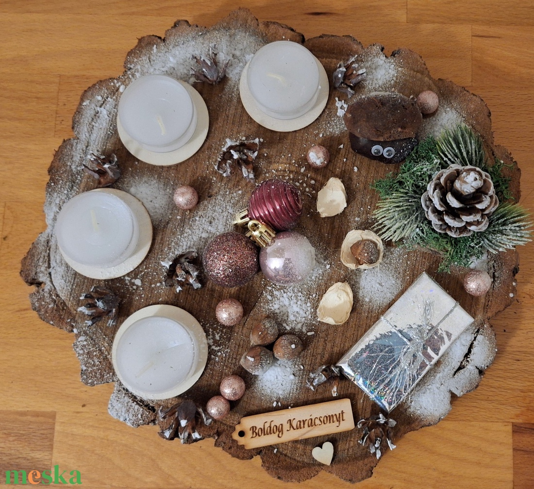 Adventi koszorú,  természetes,  fa alapon - karácsony - adventi díszek - adventi koszorú - Meska.hu