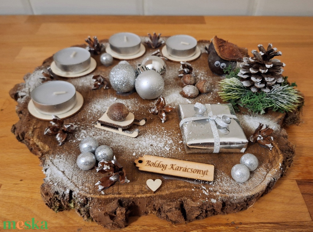 Adventi koszorú,  természetes adventi koszorú fa alapon - karácsony - adventi díszek - adventi koszorú - Meska.hu