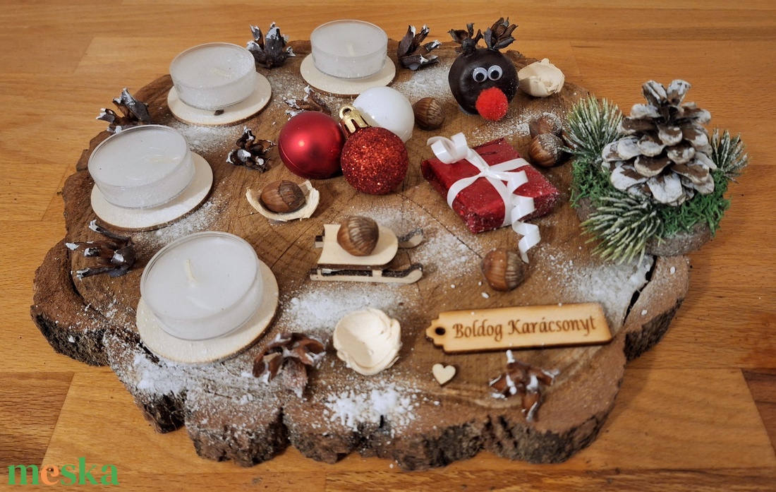 Adventi koszorú,  természetes adventi koszorú fa alapon  - karácsony - adventi díszek - adventi koszorú - Meska.hu