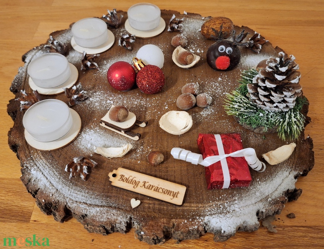 Adventi koszorú, lazúrozott fa alapon  - karácsony - adventi díszek - adventi koszorú - Meska.hu