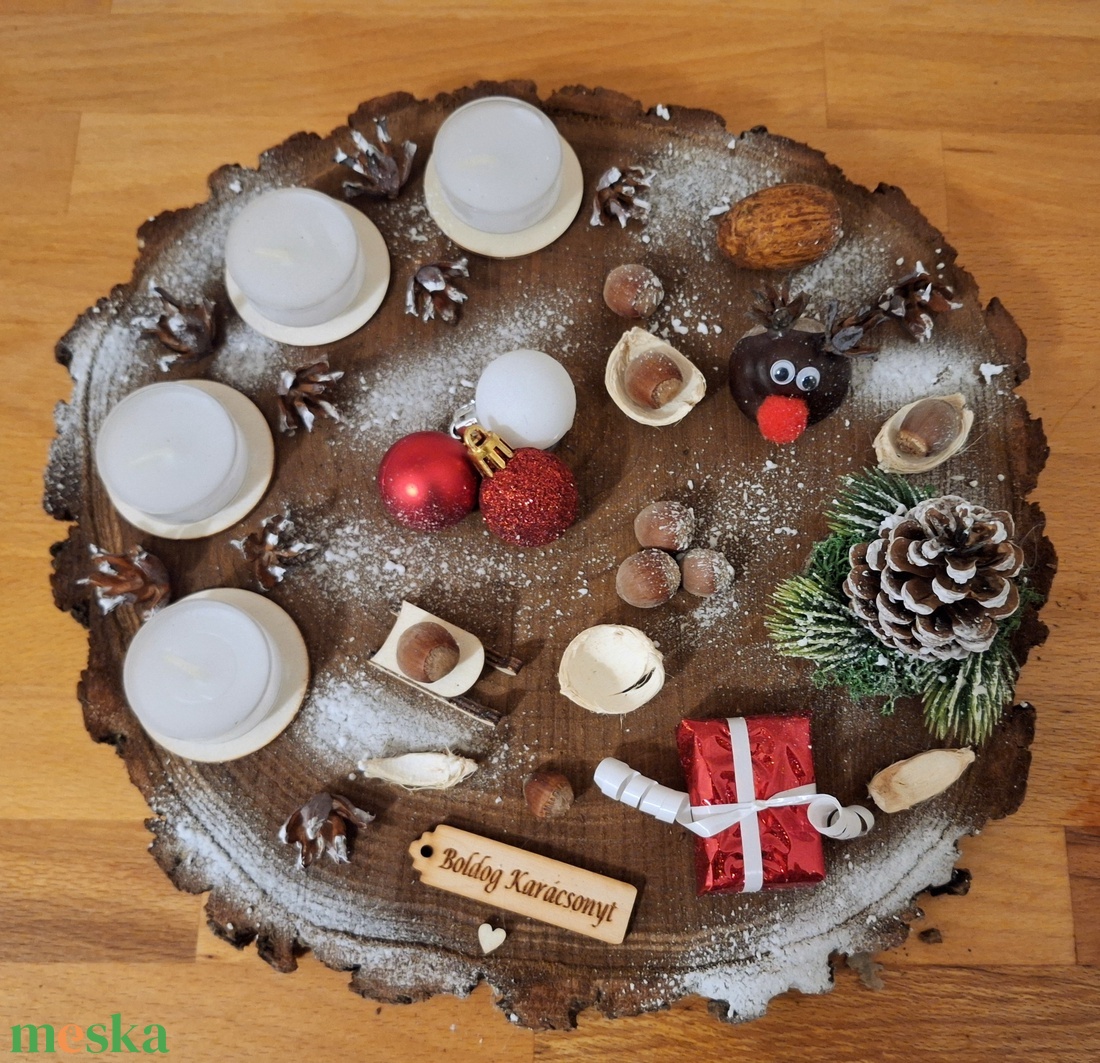 Adventi koszorú, lazúrozott fa alapon  - karácsony - adventi díszek - adventi koszorú - Meska.hu