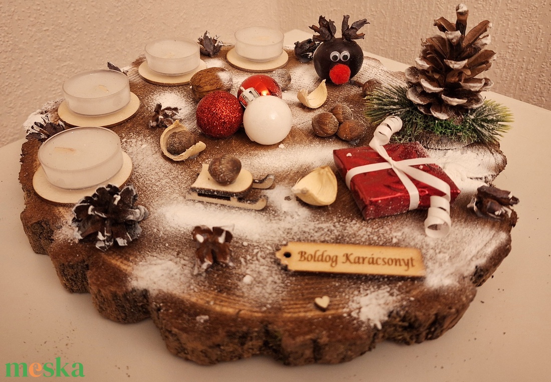 Adventi koszorú, lazúrozott fa alapon  - karácsony - adventi díszek - adventi koszorú - Meska.hu