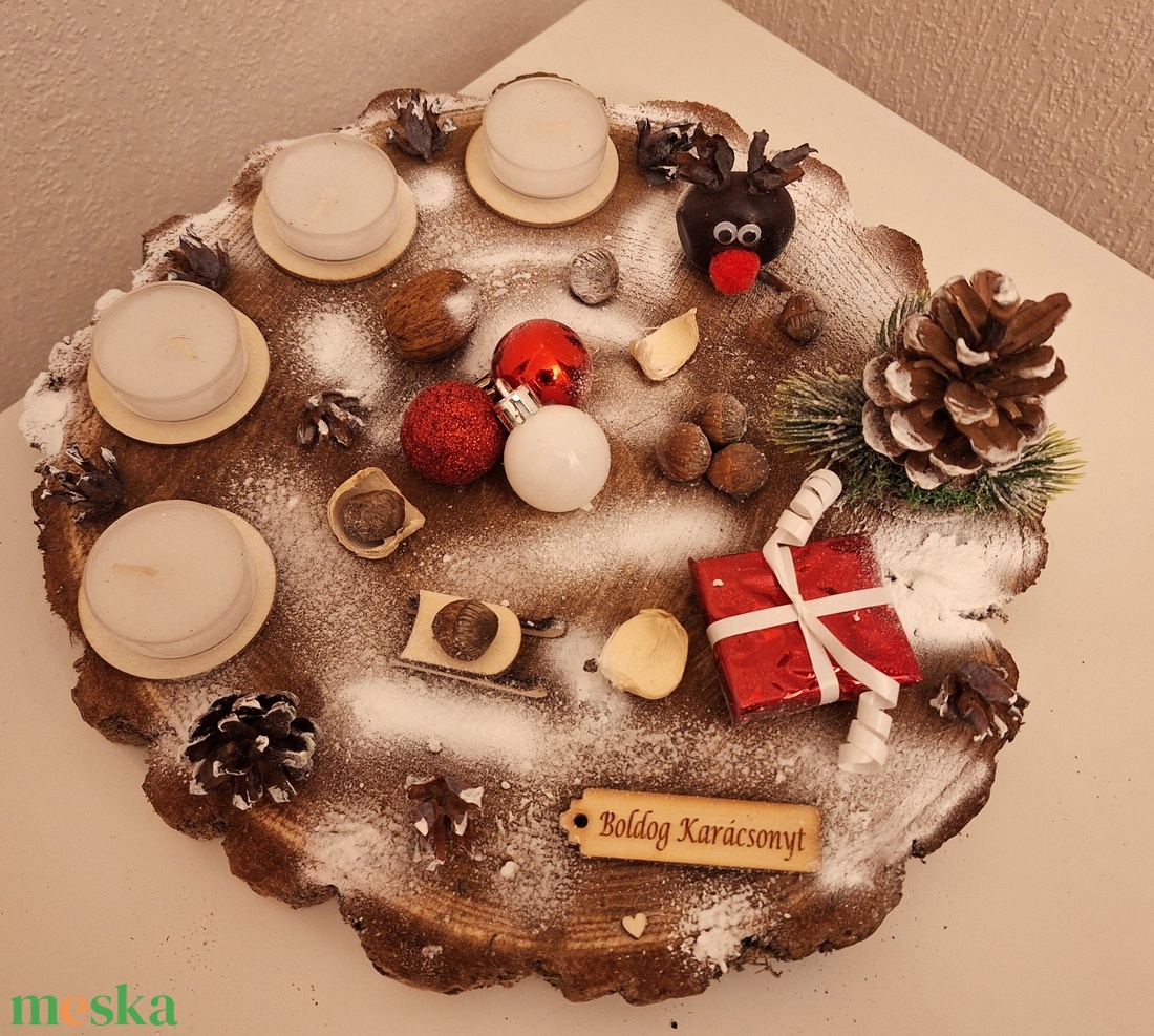Adventi koszorú, lazúrozott fa alapon  - karácsony - adventi díszek - adventi koszorú - Meska.hu
