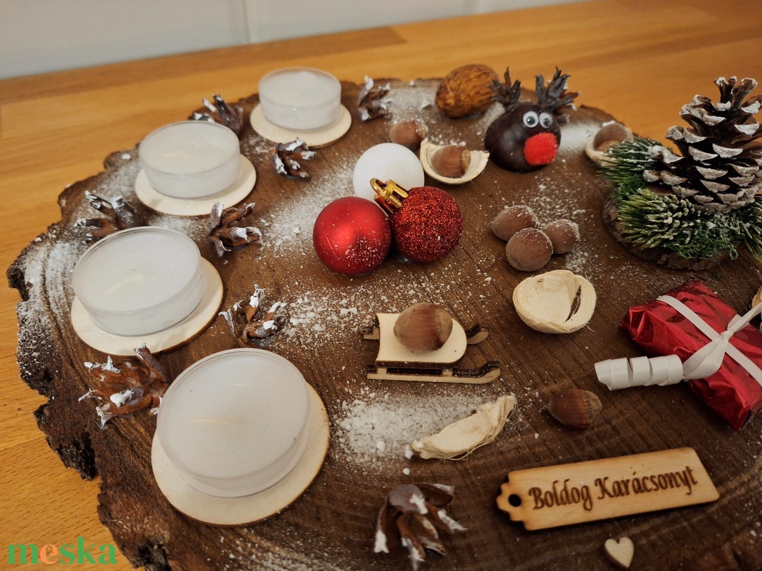 Adventi koszorú, lazúrozott fa alapon  - karácsony - adventi díszek - adventi koszorú - Meska.hu