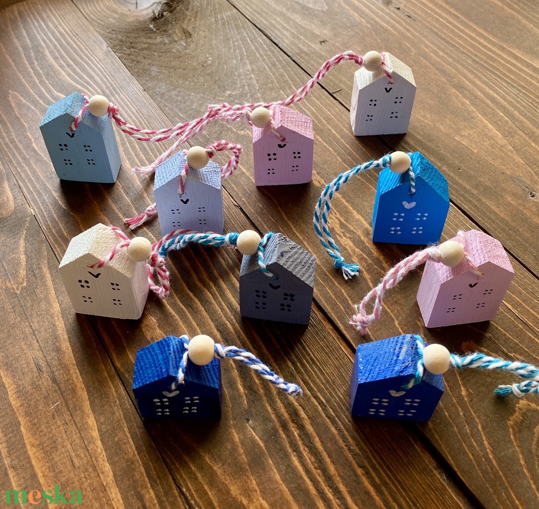 5 házikós karácsonyfadísz rózsaszín-kék - karácsony - karácsonyi lakásdekoráció - karácsonyfadíszek - Meska.hu