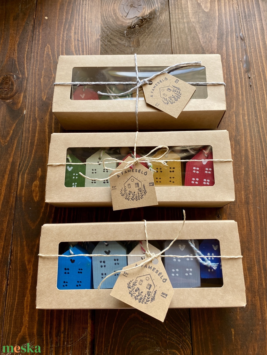 5 házikós karácsonyfadísz rózsaszín-kék - karácsony - karácsonyi lakásdekoráció - karácsonyfadíszek - Meska.hu