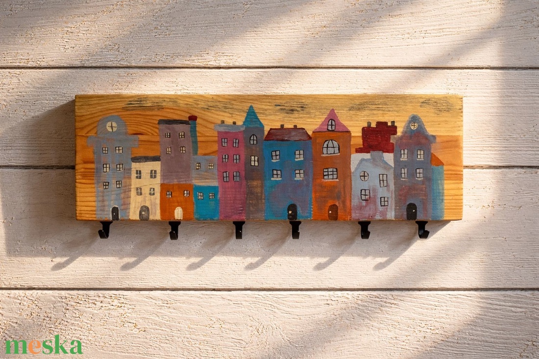 Színes város - rusztikus falikép, ajándék ötlet, akasztó, fogas, kulcstartó - otthon & életmód - dekoráció - fali és függő dekoráció - falra akasztható dekor - Meska.hu