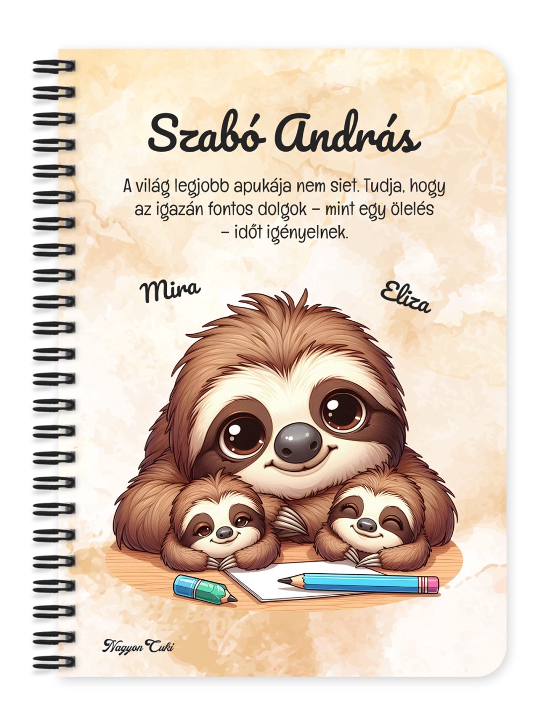 Személyre szabható - Cuki lajhár Apa és két gyereke mintás A5-ös füzet - otthon & életmód - papír, írószer - jegyzetfüzet & napló - Meska.hu