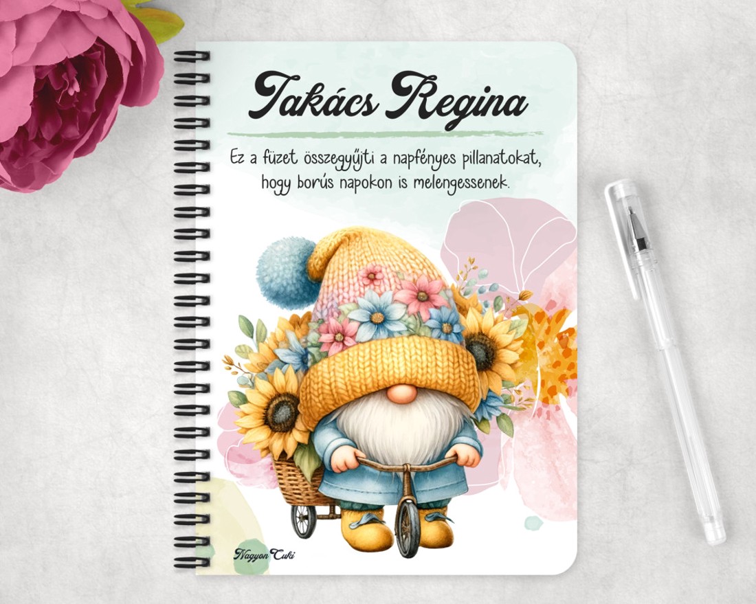 Személyre szabható - Kerékpáros napraforgós manó mintás A5-ös füzet - otthon & életmód - papír, írószer - jegyzetfüzet & napló - Meska.hu