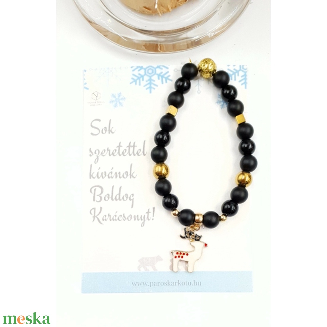 Fekete-Arany rénszarvasos ásványkarkötő üzenetkártyával - ékszer - karkötő - gyöngyös karkötő - Meska.hu
