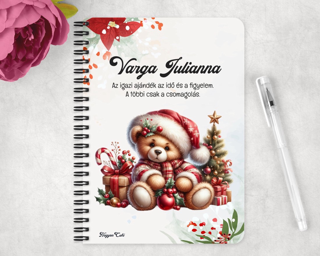 Személyre szabható - Karácsonyi Teddy maci (ajándékok) mintás A5-ös füzet - otthon & életmód - papír, írószer - jegyzetfüzet & napló - Meska.hu