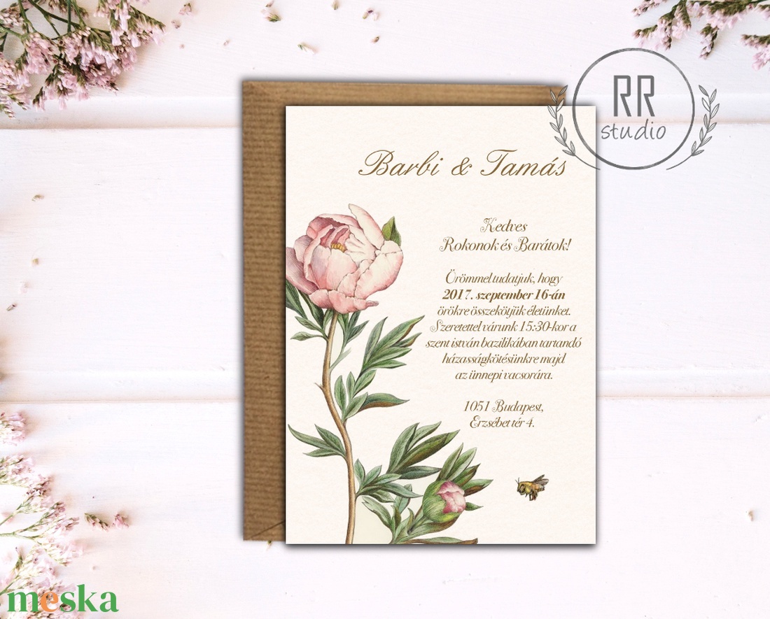 Vintage Esküvői meghívó, Botanikus virág, Vintage garden, Vintage virág, Esküvői meghívó, Natúr meghívó, Természetközeli - esküvő - meghívó & kártya - meghívó - Meska.hu