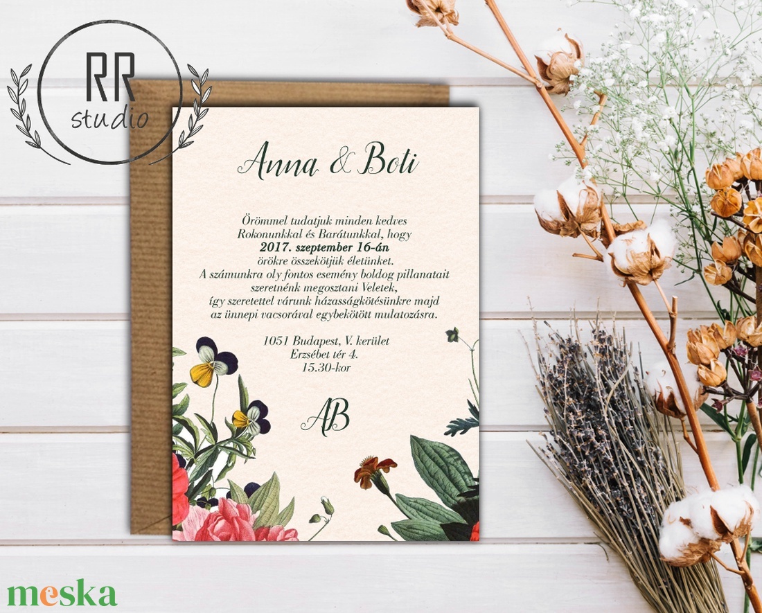 Vintage Esküvői meghívó, Botanikus virág, Vintage garden, Vintage virág, Esküvői meghívó, Natúr meghívó, Természetközeli - esküvő - meghívó & kártya - meghívó - Meska.hu