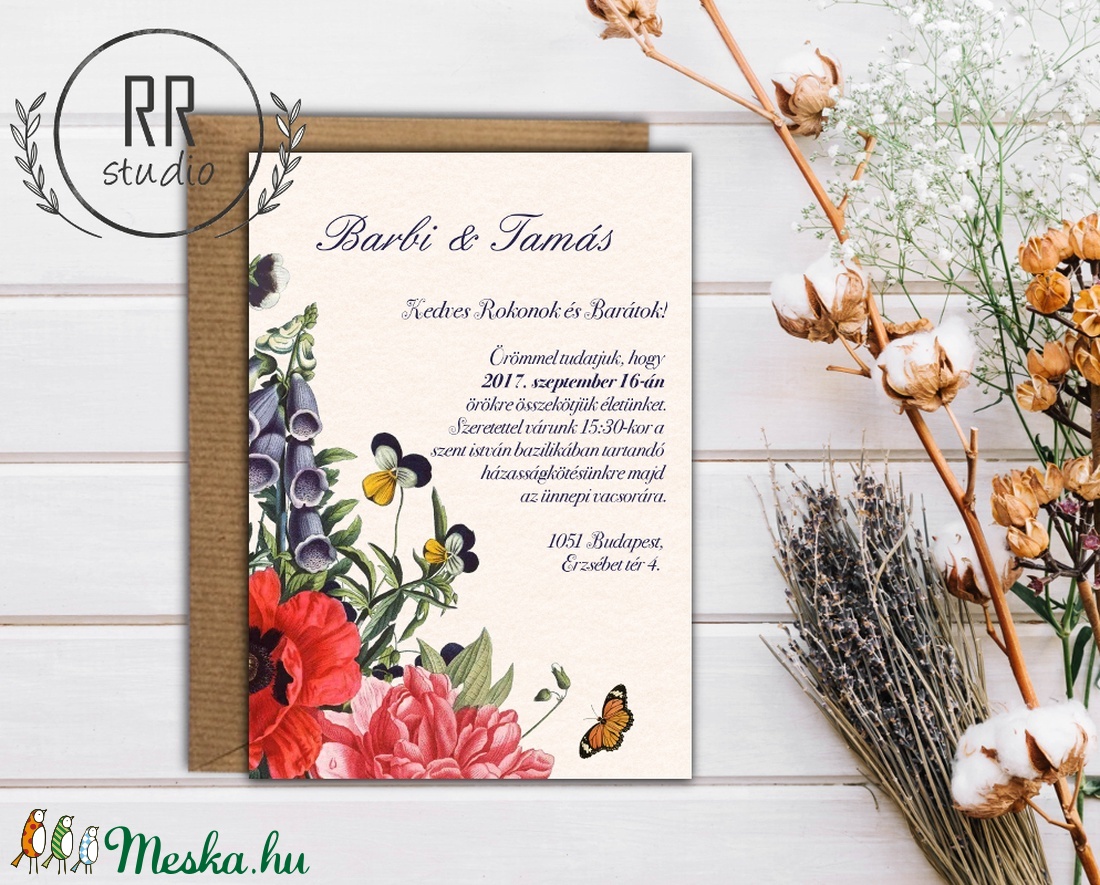 Vintage Esküvői meghívó, Botanikus virág, Vintage garden, Vintage virág, Esküvői meghívó, Natúr meghívó, Természetközeli - esküvő - meghívó & kártya - meghívó - Meska.hu