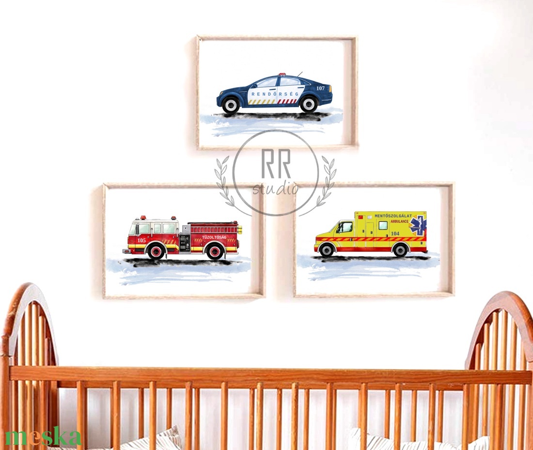 Rendőrautó, mentőautó, tűzoltóautó, fiú szoba, dekoráció, fali kép, A4 méret - otthon & lakás - babaszoba, gyerekszoba - babaszoba kép - Meska.hu