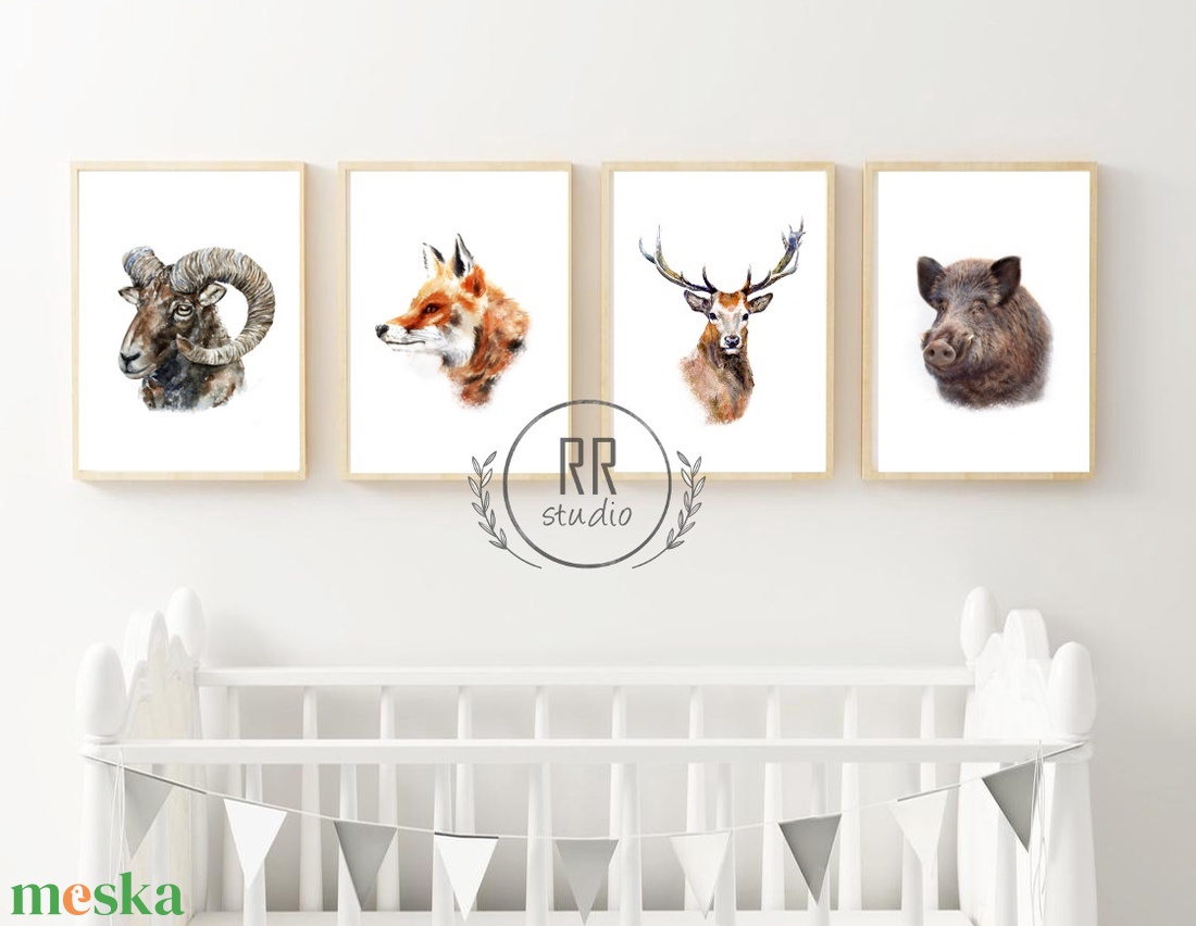 Erdei állatos, A4-es PRINT SZETT: 4DB kép, keret nélkül, róka, szarvas, vaddisznó, muflon - otthon & életmód - babaszoba, gyerekszoba - babaszoba kép - Meska.hu