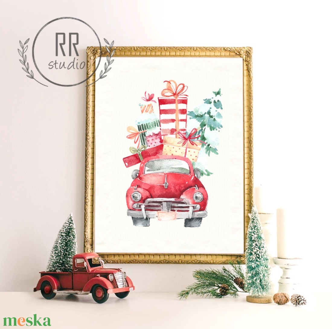 Piros autós, Téli, karácsonyi falikép, print, bogár - karácsony - karácsonyi lakásdekoráció - karácsonyi lakásdíszek - Meska.hu