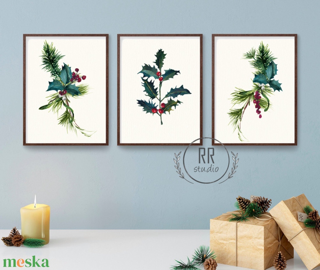 3db kép, botanikai, fenyő, magyal, Téli, karácsonyi falikép, print - karácsony - karácsonyi lakásdekoráció - karácsonyi lakásdíszek - Meska.hu