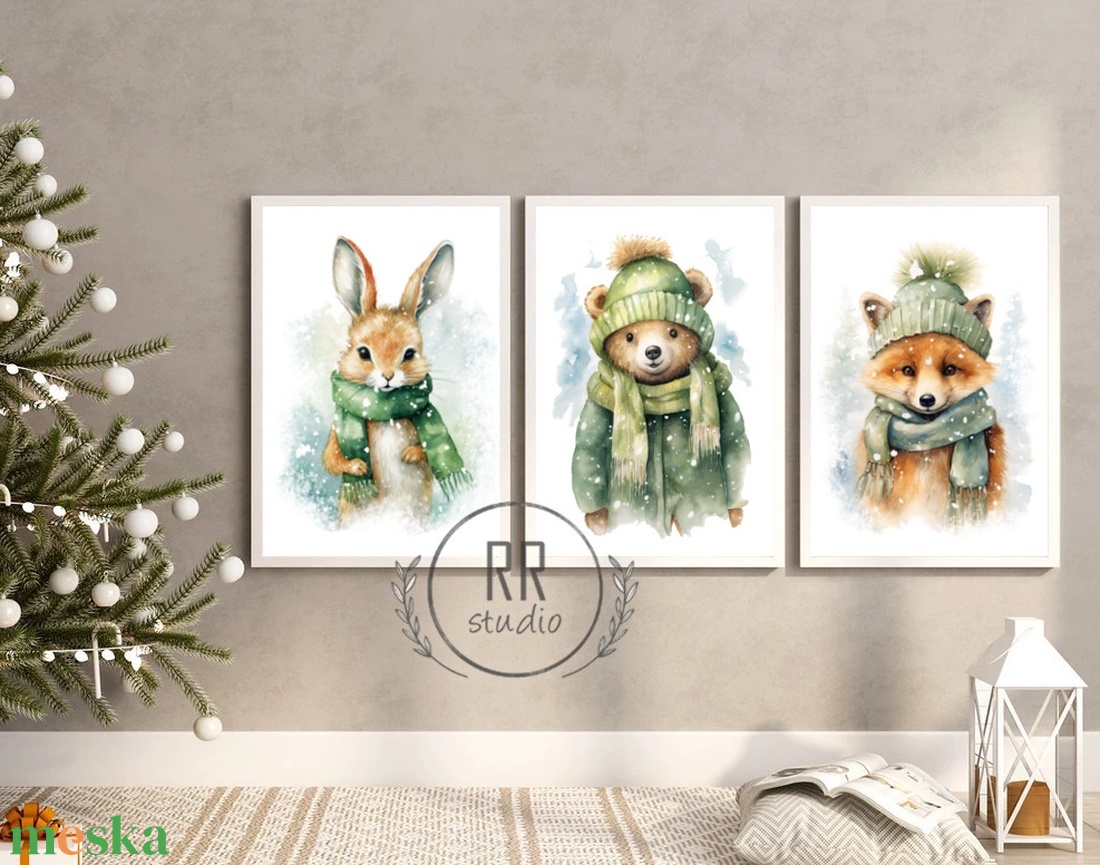 3db állatos, Téli kép, karácsonyi falikép, print, dekoráció - karácsony - karácsonyi lakásdekoráció - karácsonyi lakásdíszek - Meska.hu