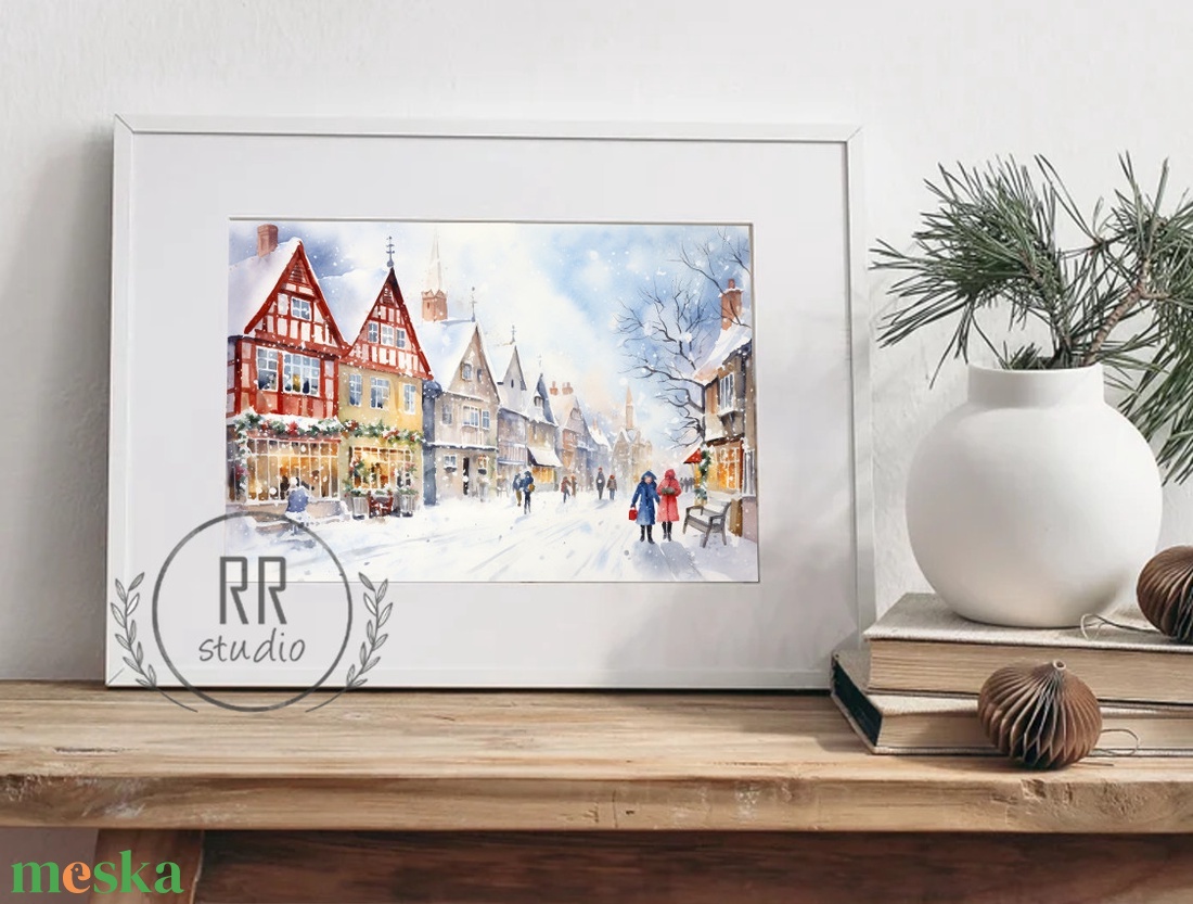 Hangulatos Téli táj, havas házak, karácsonyi város, karácsonyi falikép, print, kép - karácsony - karácsonyi lakásdekoráció - karácsonyi lakásdíszek - Meska.hu