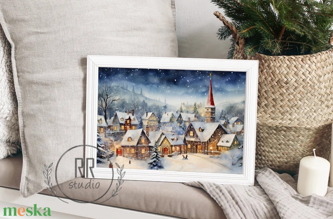 Hangulatos Téli táj, havas házak, karácsonyi város, karácsonyi falikép, print, kép - karácsony - karácsonyi lakásdekoráció - karácsonyi lakásdíszek - Meska.hu