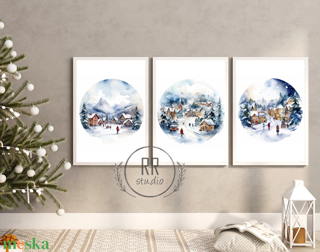 3db, Hangulatos Téli táj, szett, havas házak, karácsonyi város, karácsonyi falikép, print, kép - karácsony - karácsonyi lakásdekoráció - karácsonyi lakásdíszek - Meska.hu