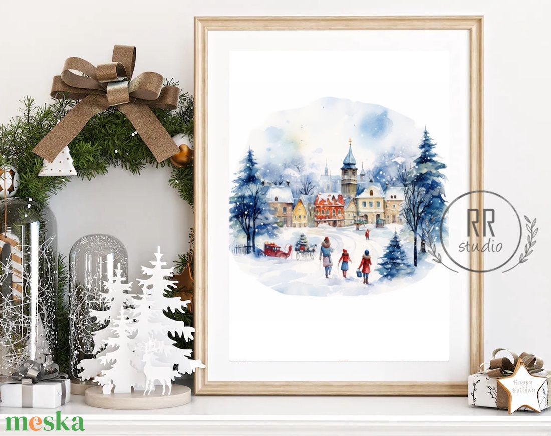 Téli táj, havas, város, házak, karácsonyi falikép, print, vízfesték festmény  - karácsony - karácsonyi lakásdekoráció - karácsonyi lakásdíszek - Meska.hu