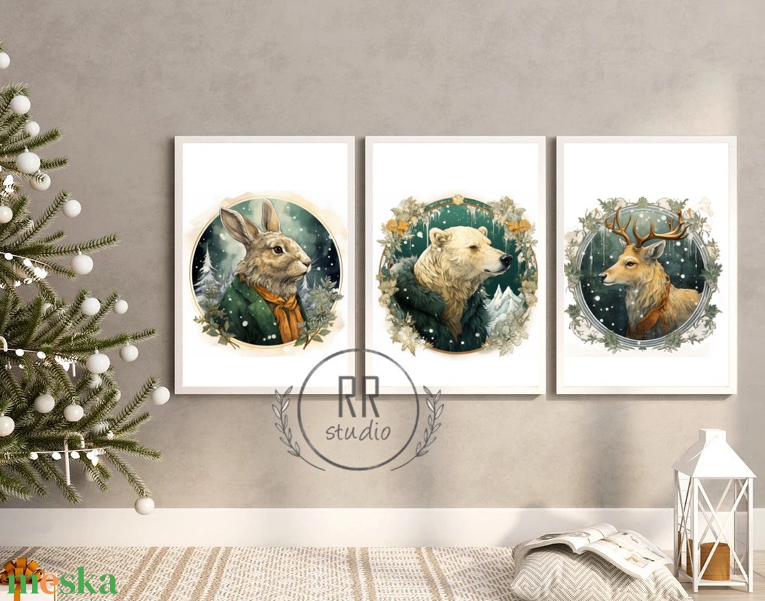 Vintage, erdei állat portré, 3db állatos, Téli kép, karácsonyi falikép, print, dekoráció, nyúl, jegesmedve, szarvas - karácsony - karácsonyi lakásdekoráció - karácsonyi lakásdíszek - Meska.hu