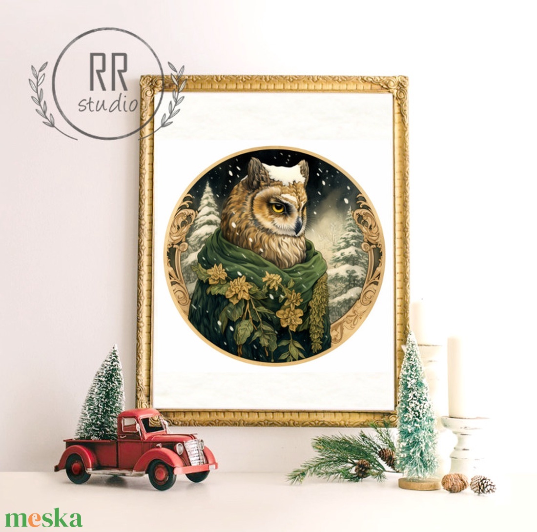 Vintage állatos portré, rajz, festmény, téli falikép, karácsonyi dekoráció, kép, print, bagoly - karácsony - karácsonyi lakásdekoráció - karácsonyi lakásdíszek - Meska.hu