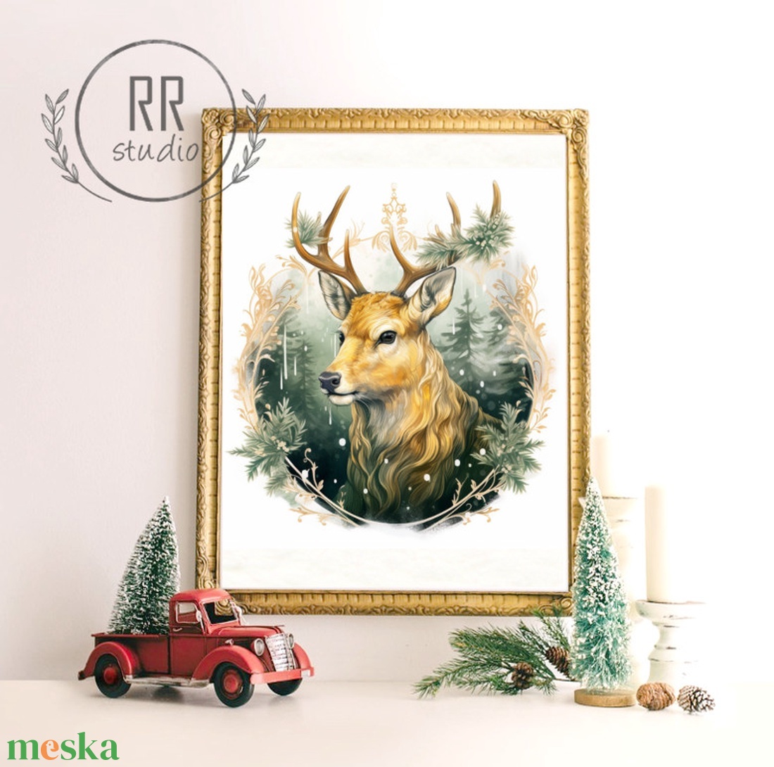 Vintage állatos portré, rajz, festmény, téli falikép, karácsonyi dekoráció, kép, print, szarvas - karácsony - karácsonyi lakásdekoráció - karácsonyi lakásdíszek - Meska.hu