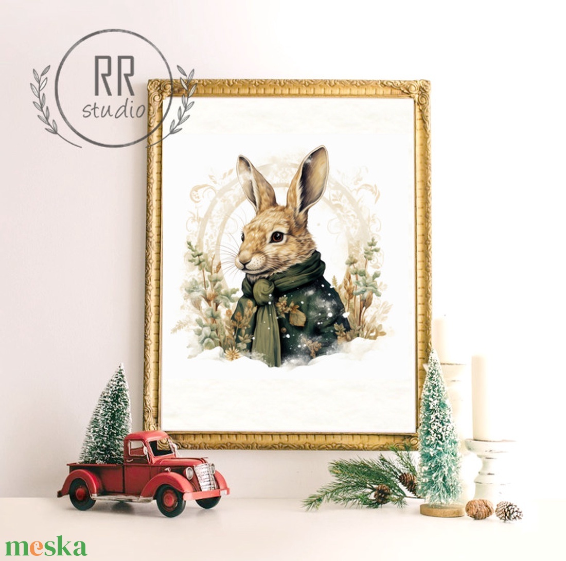 Vintage állatos portré, rajz, festmény, téli falikép, karácsonyi dekoráció, kép, print, nyúl, nyuszi - karácsony - karácsonyi lakásdekoráció - karácsonyi lakásdíszek - Meska.hu