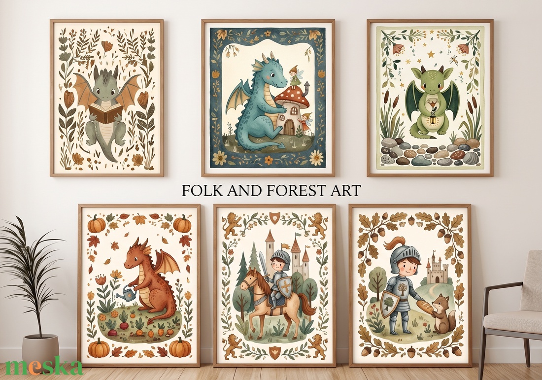 Sárkányos, mesekönyv illusztráció, print szett, 6db, A4 méret, gyerekszoba fali dekoráció, sárkány, lovag, falikép - baba - mama - babaszoba dekoráció - babaszoba kép - Meska.hu
