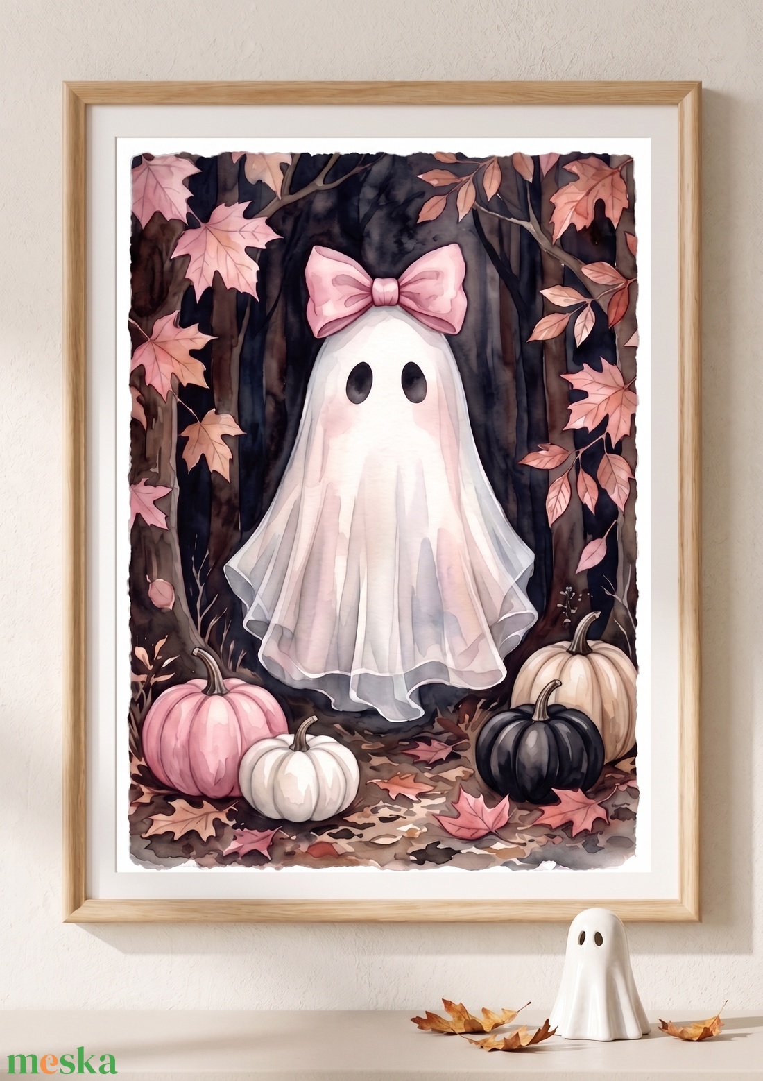 Szellem masnival falikép, pasztell rózsaszín, lányos, halloween dekor, Halloween kép - KERET NÉLKÜL - otthon & életmód - dekoráció - halloween - halloweeni dekoráció - Meska.hu