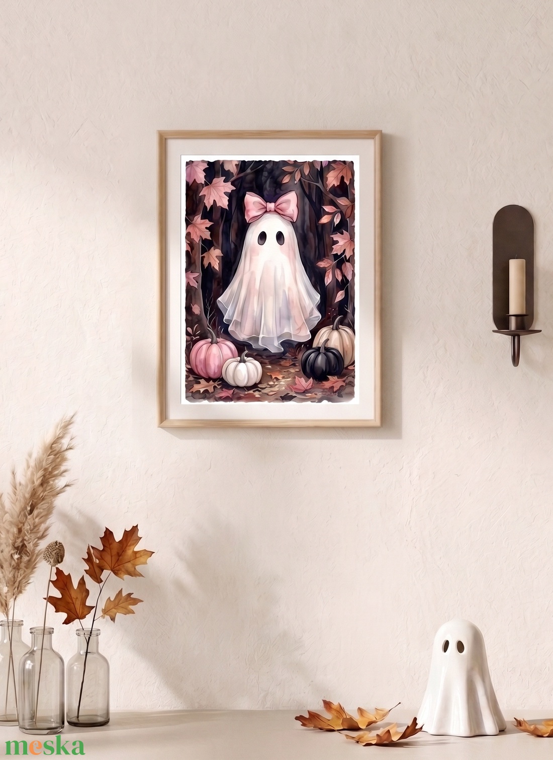 Szellem masnival falikép, pasztell rózsaszín, lányos, halloween dekor, Halloween kép - KERET NÉLKÜL - otthon & életmód - dekoráció - halloween - halloweeni dekoráció - Meska.hu
