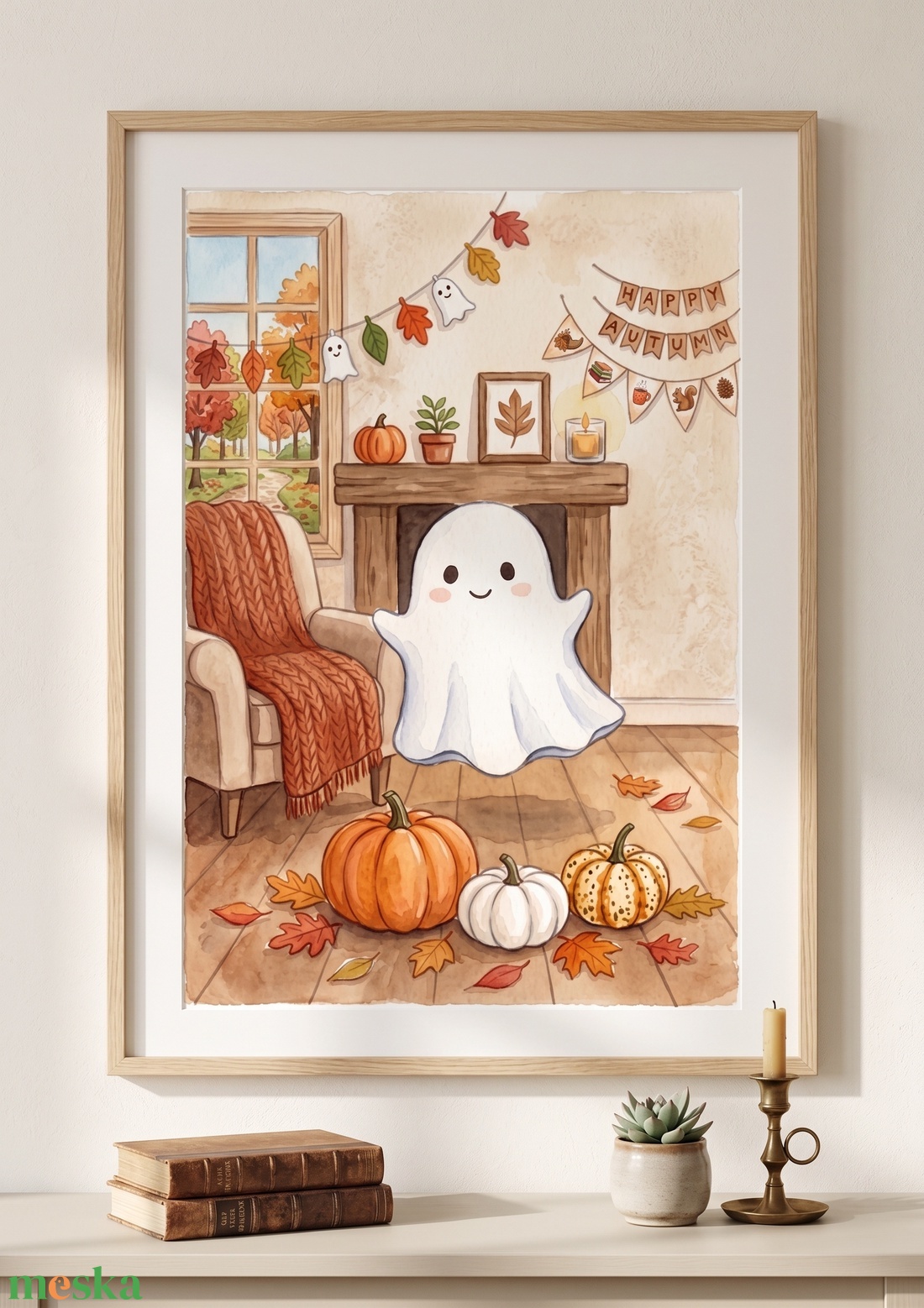 Aranyos szellem kép, őszi rajz, halloween dekor, Halloween kép - KERET NÉLKÜL - otthon & életmód - dekoráció - halloween - halloweeni dekoráció - Meska.hu