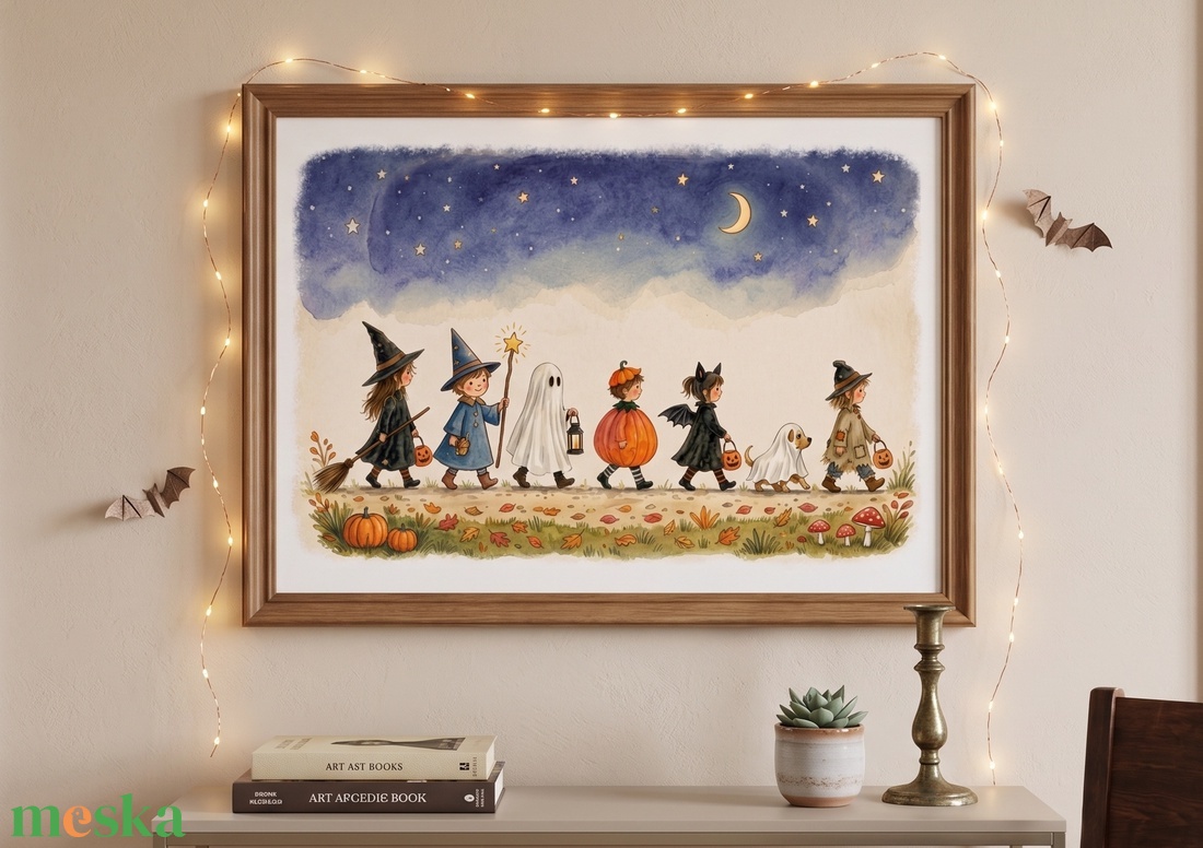 Vízfesték Halloween kép, gyerekek jelmezben, halloween dekor, Halloween kép - KERET NÉLKÜL - otthon & életmód - dekoráció - halloween - halloweeni dekoráció - Meska.hu