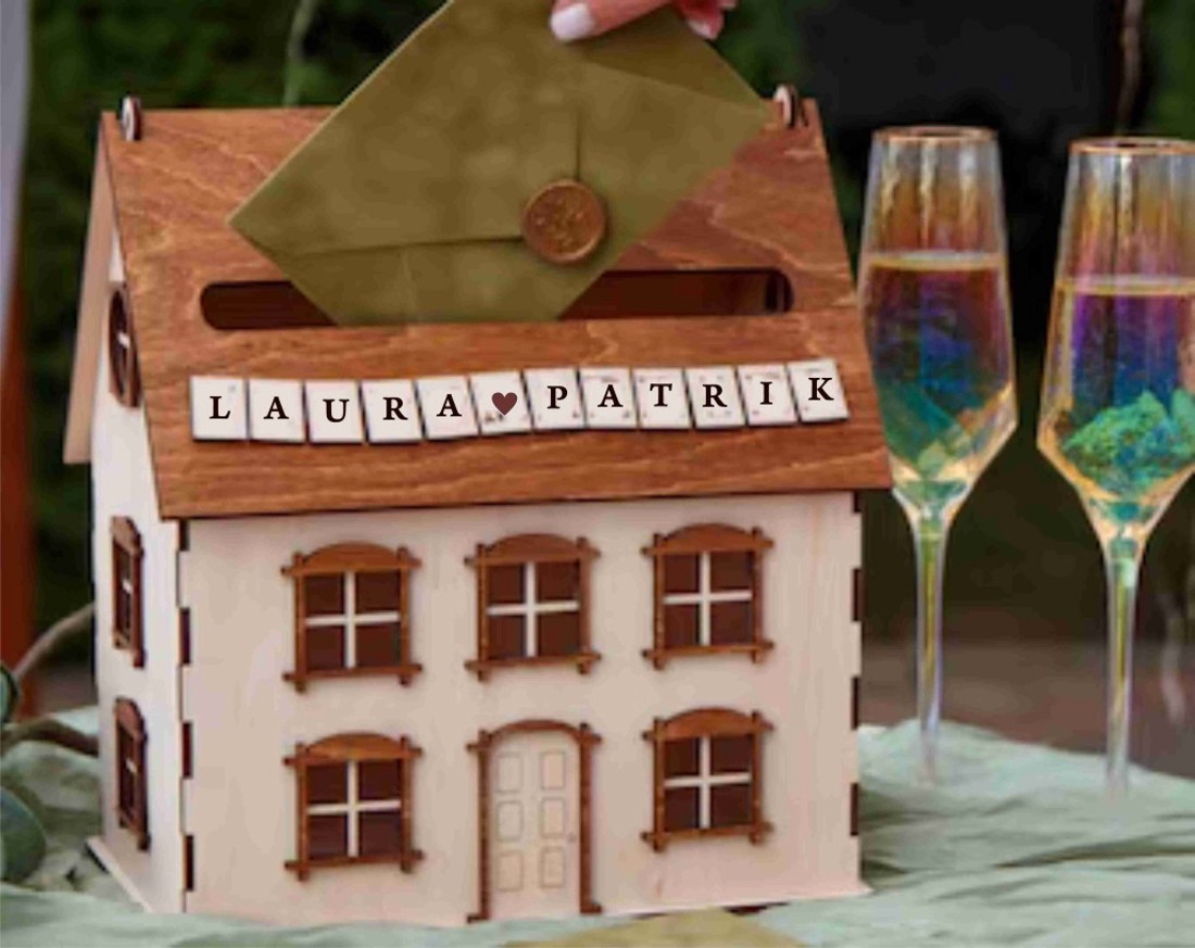 Nászajándék gyűjtő ház, esküvői pénzgyűjtő ház, névre szólóan színes - esküvő - emlék & ajándék - nászajándék - esküvői pénzátadó doboz - Meska.hu